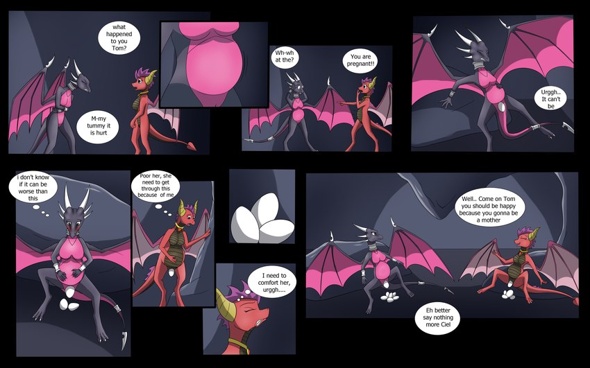 after_transformation angry anthro belly big_belly biped black_body black_border border both_pregnant breasts brown_body brown_countershading cave clenched_teeth countershade_neck countershade_torso countershade_wings countershading dialogue digitigrade duo egg egg_from_pussy eyes_closed featureless_breasts female female_anthro genitals gesture group_oviposition hair hand_gesture hand_on_belly horn looking_down_at_self membrane_(anatomy) membranous_wings multiple_pregnancies non-mammal_breasts non-mammal_pussy nude open_mouth oviposition pink_body pink_countershading pointing pointing_at_another pregnant pregnant_anthro pregnant_female purple_hair pussy rapid_pregnancy sitting sitting_on_ground smile speech_bubble spread_legs spreading standing tail teeth text thought_bubble unusual_anatomy unusual_tail unusual_wings wings tomek1000 wolferion activision mythology spyro_the_dragon ciel_(phoenix) cynder ember_(spyro) tiana_(tomek1000) tomek1000_(character) dragon mythological_creature mythological_scalie scalie 16:10 2014 absurd_res colored comic english_text hi_res widescreen