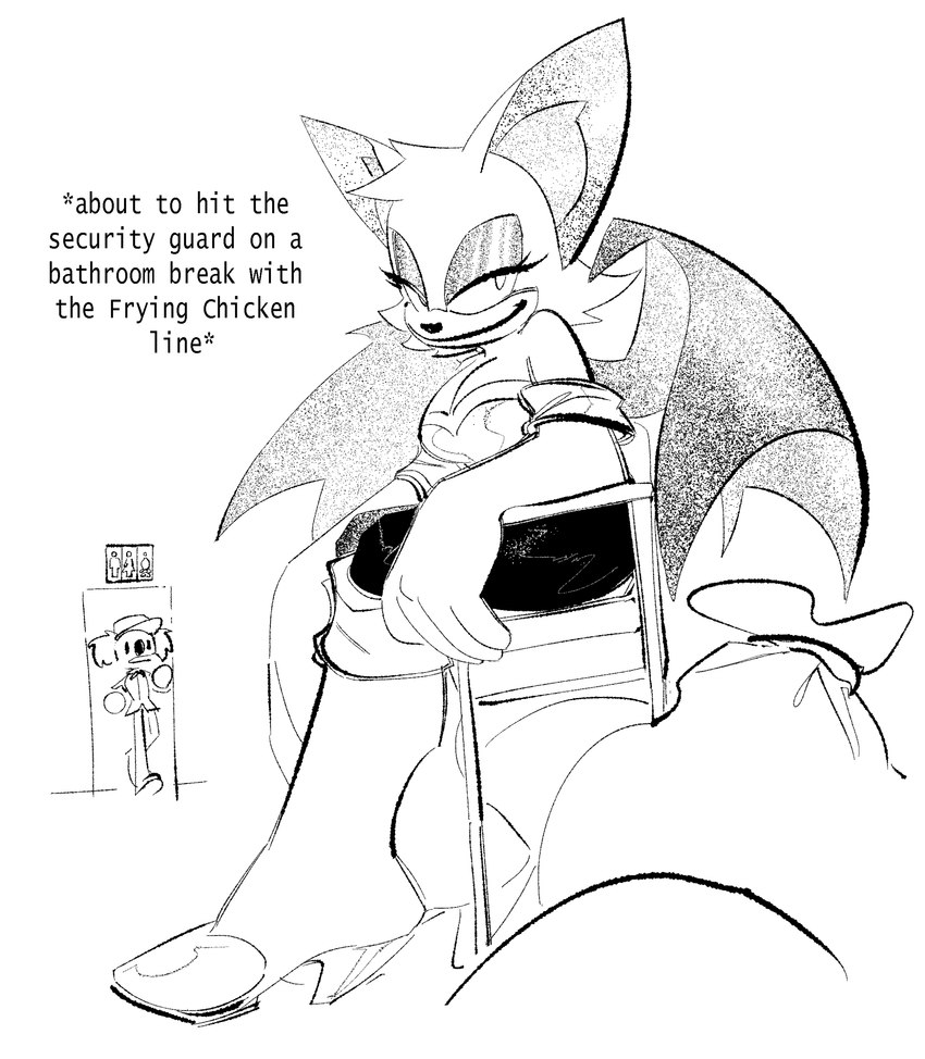 ambiguous_gender breasts chair cleavage clothed clothing female furniture sitting smug text thick_thighs thin_calves thin_legs thin_thighs trash_bag wings the-hydroxian sega sonic_the_hedgehog_(series) were_you_frying_chicken_in_there rouge_the_bat bat koala mammal marsupial vombatiform 2024 absurd_res english_text greyscale hi_res monochrome sketch