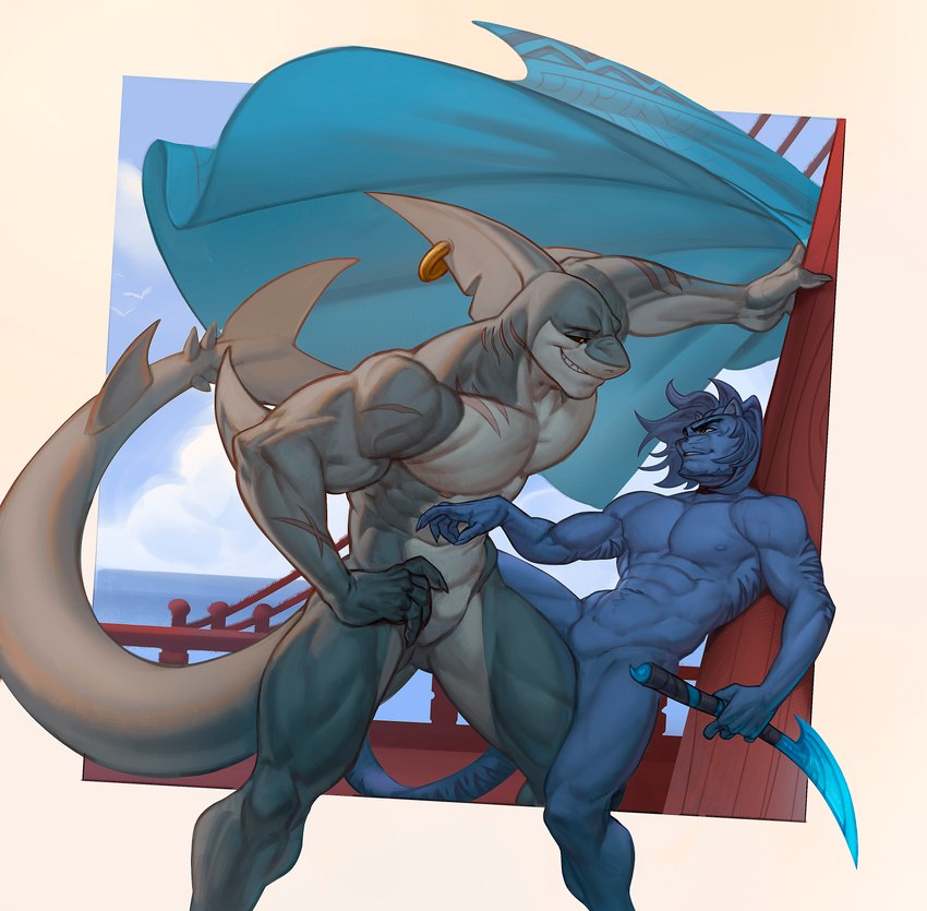 abs anthro beard biceps billowing_cape blue_body cape clothing cloud duo elbow_fin facial_hair fin fin_piercing fin_scar furgonomics furry-specific_piercing gills grey_body hair kabedon leaning leaning_forward leaning_on_wall male male/male melee_weapon muscular muscular_anthro muscular_male neckwear nipples nude outside pecs piercing red_eyes scar sea ship sky smile smirk standing stripes sword tail tail_fin vehicle water watercraft weapon whiskers white_body yellow_eyes edvardiko kuyo_(arcadegig) felid feline fish mammal marine shark absurd_res digital_drawing_(artwork) digital_media_(artwork) hi_res