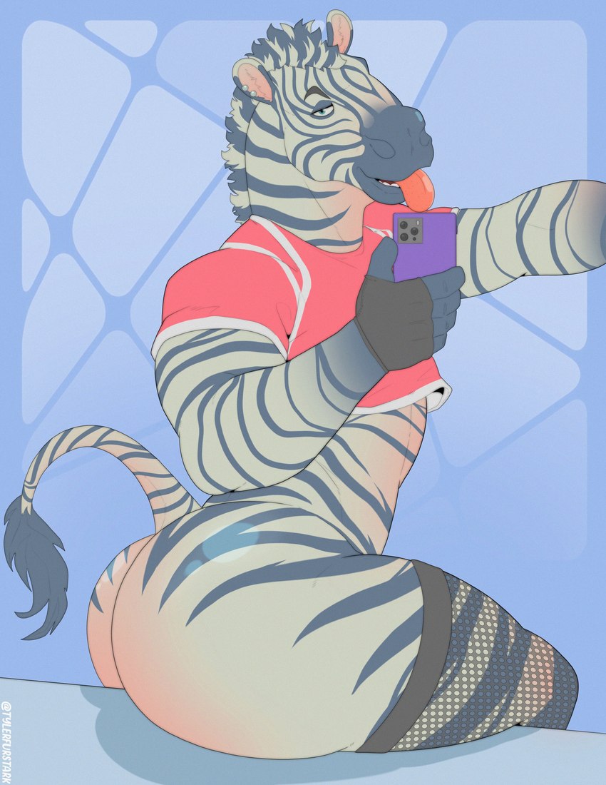 anthro big_butt black_body black_fur black_stripes blush body_blush butt butt_blush cellphone clothed clothing crop_top ear_piercing electronics eyebrows fingerless_gloves fishnet_clothing fishnet_legwear fur gloves handwear holding_cellphone holding_object holding_phone holding_smartphone legwear male open_mouth open_smile partially_clothed phone piercing selfie shirt sitting smartphone smile solo striped_body striped_fur stripes tail teeth tongue tongue_out topwear white_body white_fur tylerstark apple_inc. iphone equid equine mammal zebra 2023 absurd_res digital_media_(artwork) hi_res