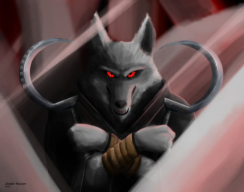 anthro black_nose cloak clothing front_view fur grey_body grey_fur holding_object holding_weapon male melee_weapon polearm red_eyes scythe solo weapon year zander_the_raccoon dreamworks puss_in_boots_(franchise) death_(puss_in_boots) canid canine canis mammal wolf 2023 artist_name