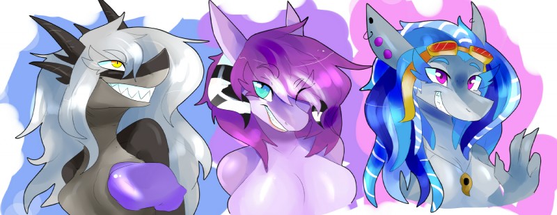 anthro breasts featureless_breasts female group hair horn jewelry looking_at_viewer necklace non-mammal_breasts nude smile amethystdust mythology amelie dragon fish marine mythological_creature mythological_scalie scalie shark hi_res