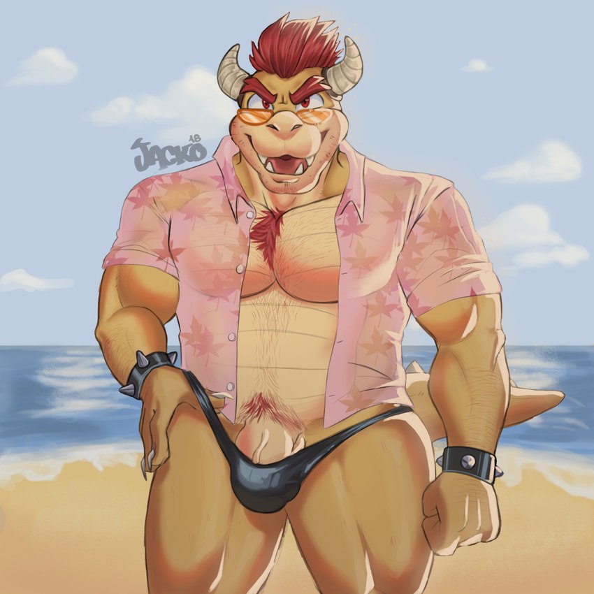 2_horns anthro barely_contained beach belly big_penis blush body_hair chest_hair claws closed_hands clothed clothing cloud dessert eyewear food front_view genitals hair headgear headwear horn humanoid_genitalia humanoid_penis logo male musclegut muscular muscular_anthro muscular_male nipples open_clothing open_shirt open_topwear partially_clothed pecs penis penis_base pink_clothing pink_shirt pink_topwear red_eyes red_hair sand sea seaside sharp_teeth shirt smile solo standing sunglasses swimwear tail teeth topwear underwear water yellow_body yellow_eyewear yellow_sunglasses jacko18 mario_bros mythology nintendo bowser dragon koopa mythological_creature mythological_scalie reptile scalie 1:1 hi_res