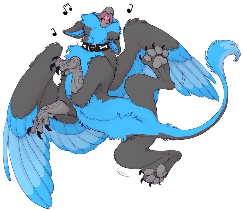 4_toes beak blue_body blue_feathers blue_fur claws collar feathered_wings feathers feet feral fur grey_body grey_feathers grey_fur lying male motion_lines on_back open_mouth pawpads paws simple_background singing solo spread_legs spreading toes tongue white_background wings phantastus third-party_edit mythology zephyr_(bateleurs) avian gryphon mythological_avian mythological_creature 2022 color_edit colored hi_res