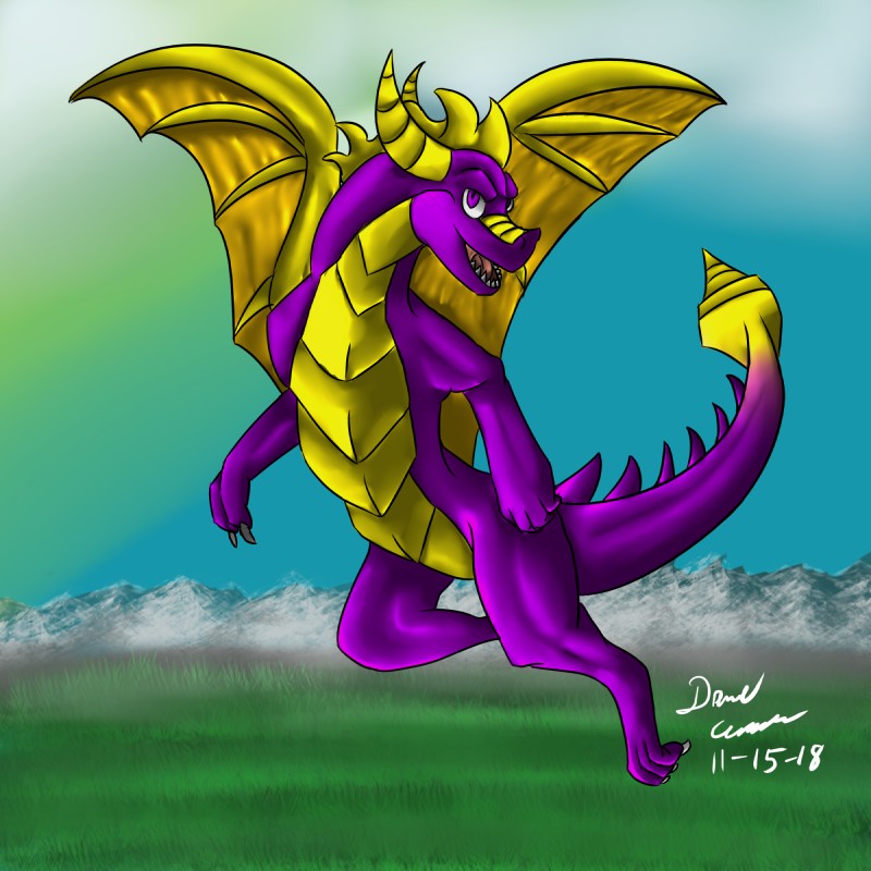 claws flying grass horn mountain open_mouth outside plant purple_body purple_eyes purple_scales scales sharp_teeth sky solo tail teeth toe_claws wings yellow_body yellow_scales dragonwithgames activision european_mythology mythology spyro_the_dragon spyro dragon mythological_creature mythological_scalie scalie western_dragon 1:1 2018 hi_res