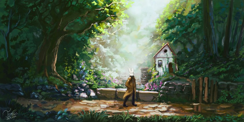 ambiguous_gender anthro bottomwear building clothing coat detailed_background footwear forest house outside pants plant raincoat shoes sunny topwear tree walking water_wheel tomtc dr_rabbit_(tomtc) lagomorph leporid mammal rabbit 2:1 absurd_res hi_res painting_(artwork) traditional_media_(artwork)