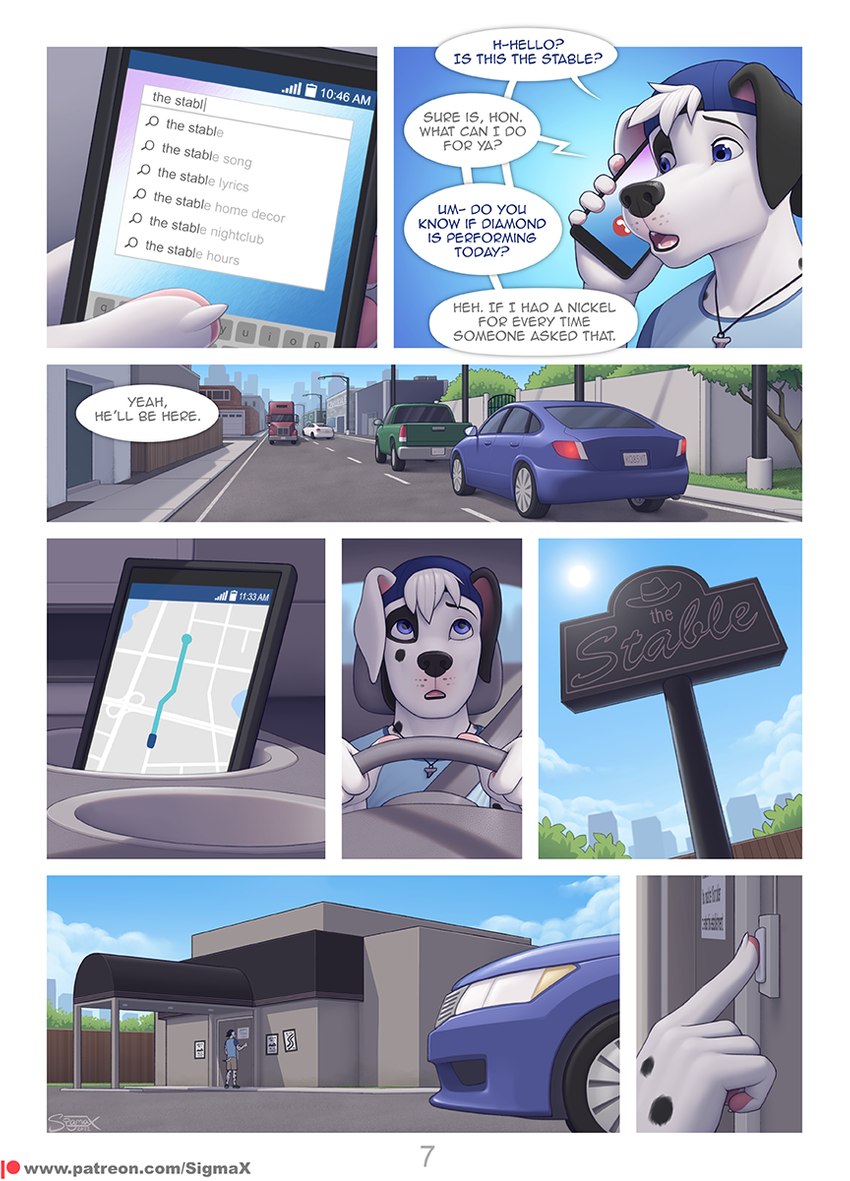 anthro backwards_baseball_cap backwards_hat baseball_cap black_nose black_spots blue_clothing blue_eyes blue_hat blue_headwear blue_shirt blue_t-shirt blue_topwear border bottomwear car cellphone city city_background claws clothing detailed_background dialogue driving electronics finger_claws floppy_ears fully_clothed_anthro fully_clothed_male fur furgonomic_hat furgonomic_headwear furgonomics hair_through_hat hat headgear headwear holding_cellphone holding_object holding_phone holding_smartphone inside_car inside_vehicle jewelry male male_anthro markings necklace open_mouth outside page_number pawpads phone pink_pawpads pupils shirt shorts smartphone solo speech_bubble spots spotted_body spotted_fur t-shirt tail tan_bottomwear tan_clothing tan_shorts text topwear vehicle white_border white_claws sigma_x mike_(sigma_x) canid canine canis dalmatian domestic_dog mammal 2022 comic english_text hi_res url