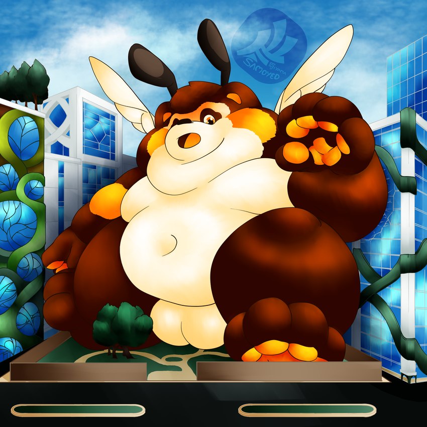 antennae_(anatomy) anthro apologetic balls belly big_balls brown_body brown_fur building building_destruction city city_park destruction detailed_background downtown frutiger_aero fur genitals gentle_giant highlights_(coloring) hyper macro male micro mild_destruction nude overweight overweight_anthro overweight_male park pawpads paws perspective road shocked simple_background size_difference solo wings fujiyama_samoyed bumble_beans_(fujiyamasamoyed) arthropod bee bumble_bee_(species) canid canine hybrid hymenopteran insect mammal raccoon_dog tanuki hi_res shaded soft_shading watermark