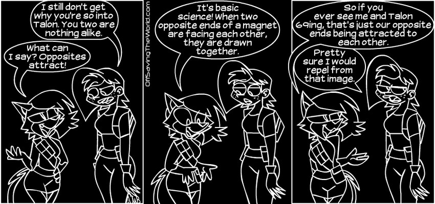 anthro bottomwear clothing dialogue duo eye_contact female fluffy fluffy_tail hair humor looking_at_another pants shirt shorts simple_background smile speech_bubble tail text topwear animatedjames macy nova_(animatedjames) canid canine fox human mammal archived_source black_and_white comic english_text monochrome