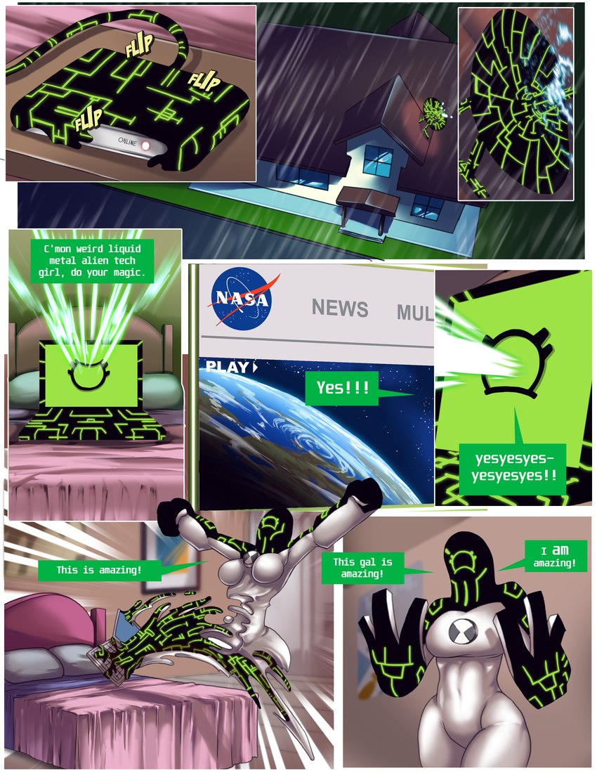 bed bedroom building computer dialogue earth electronics female furniture house laptop omnitrix planet speech_bubble text nauyaco ben_10 cartoon_network nasa gwen_tennyson upgrade_(ben_10) alien galvanic_mechamorph 2024 absurd_res english_text hi_res