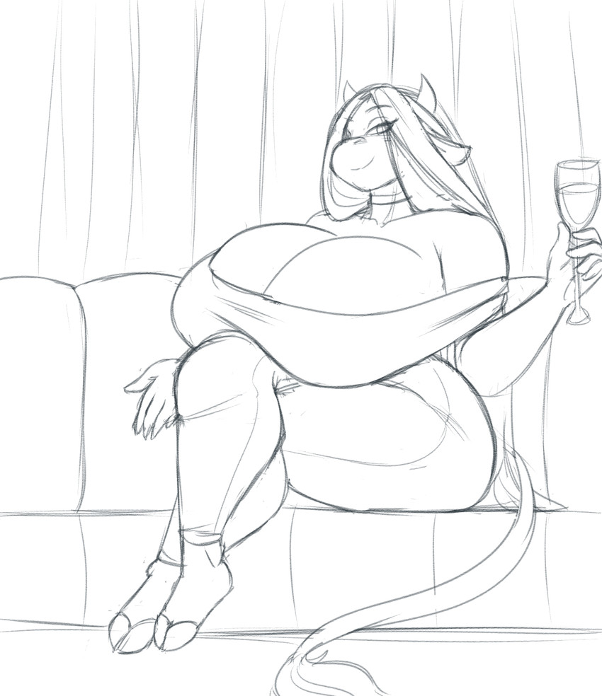 anthro big_breasts breast_rest breast_squish breasts choker cleavage clothed clothing container crossed_legs cup drinking_glass female glass glass_container glass_cup huge_breasts inviting jewelry looking_at_viewer necklace seductive sitting solo squish wine_glass jwinkz summer_(jwinkz) bovid bovine cattle mammal hi_res monochrome sketch