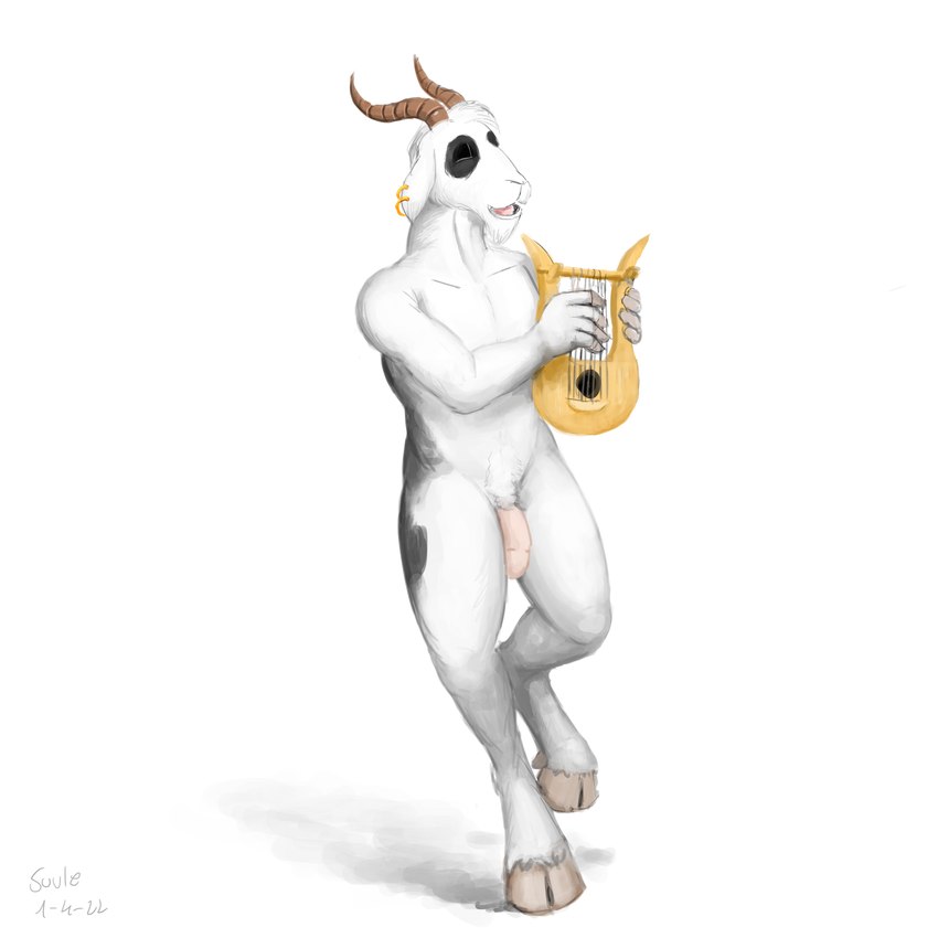 anthro biped ear_piercing ear_ring eyes_closed flaccid genitals harp hooves horn male musical_instrument nude open_mouth penis piercing plucked_string_instrument ring_piercing simple_background solo standing string_instrument white_background suule bovid caprine goat mammal 1:1 2022 hi_res