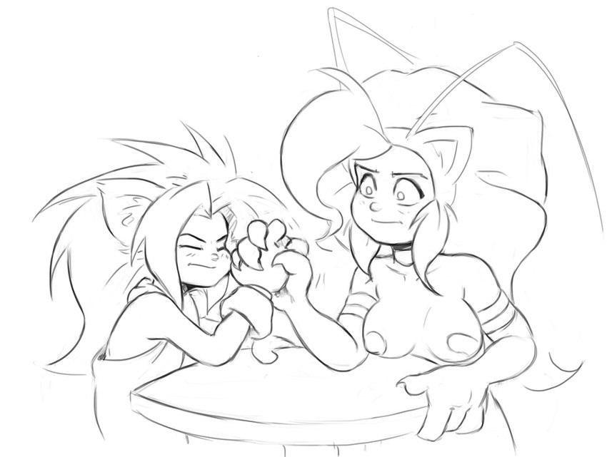 4_fingers antenna_hair arm_wrestling big_hair blush breasts clothed clothing collar duo eyes_closed female female/female fingers furniture gloves hair handwear holding_table inner_ear_fluff looking_at_another medium_breasts naturally_censored serious_face simple_background table tuft white_background dogyd capcom darkstalkers samurai_shodown cham_cham felicia_(darkstalkers) animal_humanoid cat_humanoid felid felid_humanoid feline feline_humanoid humanoid mammal mammal_humanoid 2021 digital_drawing_(artwork) digital_media_(artwork) hi_res monochrome sketch