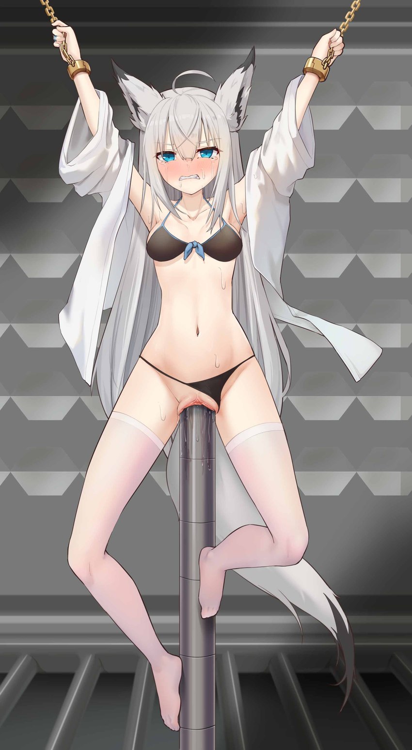 blush bodily_fluids body_on_stake bound bra chain chained clitoris clothing clothing_aside dangling_legs female genital_fluids genitals hair impalement long_hair one-bar_prison pussy solo suspension tears underwear underwear_aside vaginal_fluids vaginal_impalement white_hair xiaomu314 azur_lane kawakaze_(azur_lane) animal_humanoid canid canid_humanoid canine canine_humanoid fox_humanoid humanoid mammal mammal_humanoid absurd_res hi_res