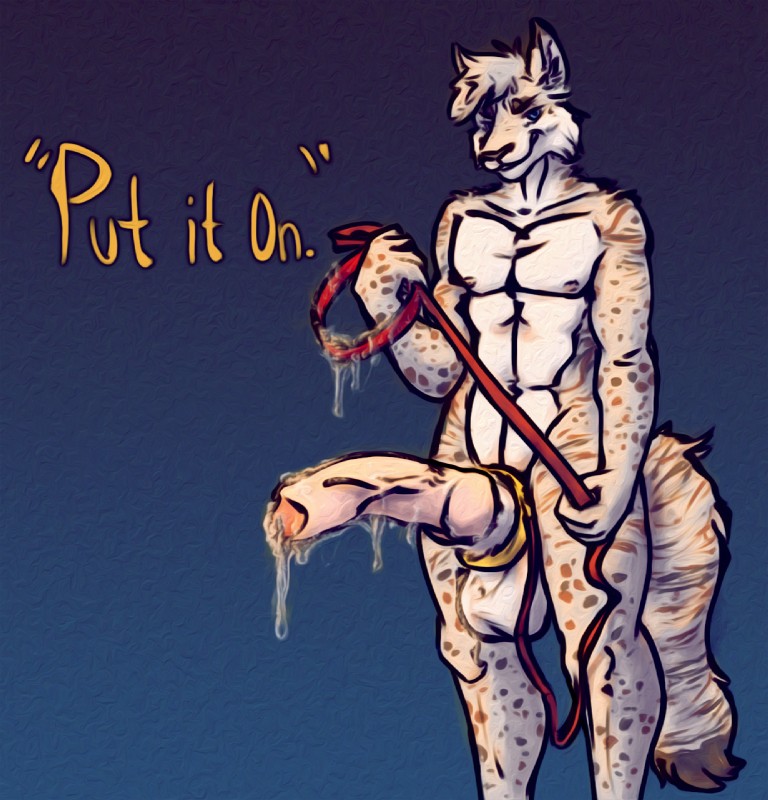 anthro big_penis bodily_fluids collar cum cum_drip cum_on_collar cum_on_leash dialogue dripping genital_fluids genital_leash genitals grin huge_penis hyper hyper_genitalia hyper_penis leash leashed_collar male penis penis_leash smile solo text cool. hannibal_azul canid canine canis felid feline hybrid lynx mammal wolf english_text hi_res