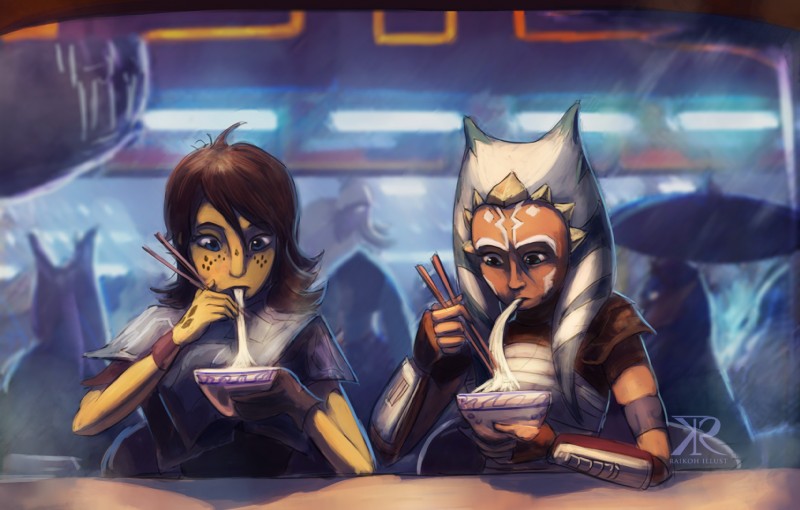 bangs blurred_background chopsticks clothing detailed_background duo duo_focus eating female food front_view group inside lekku_(anatomy) light logo markings not_furry raikoh-illust star_wars ahsoka_tano barriss_offee alien alien_humanoid humanoid mirialan togruta artist_logo digital_media_(artwork) digital_painting_(artwork) hi_res lighting shaded simple_shading