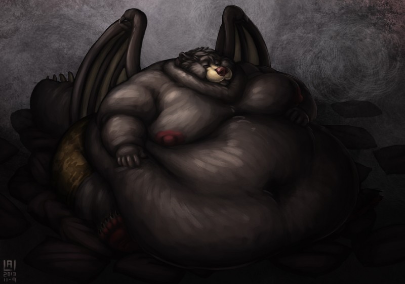 ambiguous_gender anthro clothed clothing membrane_(anatomy) membranous_wings morbidly_obese morbidly_obese_ambiguous morbidly_obese_anthro obese obese_ambiguous obese_anthro overweight overweight_ambiguous overweight_anthro solo topless wings fluffylai american_black_bear bear black_bear mammal ursine