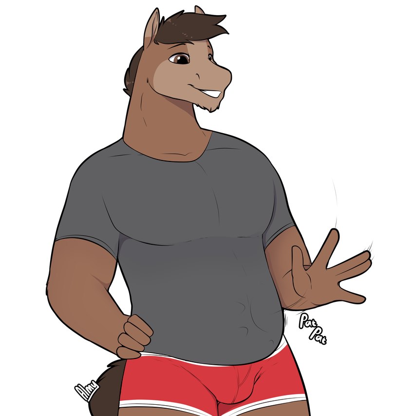 5_fingers anthro boxer_briefs bulge clothing fingers grey_clothing grey_shirt grey_topwear hair hand_on_hip impact_lines male open_hand patting_belly red_boxer_briefs red_clothing red_underwear shirt simple_background slightly_chubby slightly_chubby_anthro slightly_chubby_male smile solo standing text topwear underwear white_background almy brick_heartstone equid equine horse mammal absurd_res digital_media_(artwork) hi_res signature