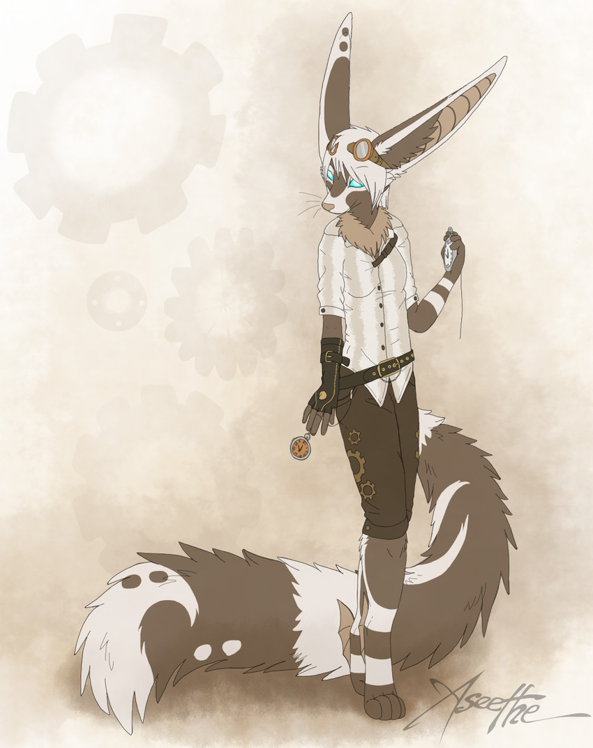 anthro clothed clothing eyewear female fluffy fluffy_tail fully_clothed fur goggles holding_object multicolored_body multicolored_fur simple_background solo standing tail two_tone_body two_tone_fur whiskers white_body white_fur aseethe melody_(aseethe) canid canine fennec_fox fox mammal true_fox 2013 digital_media_(artwork) full-length_portrait hi_res portrait signature