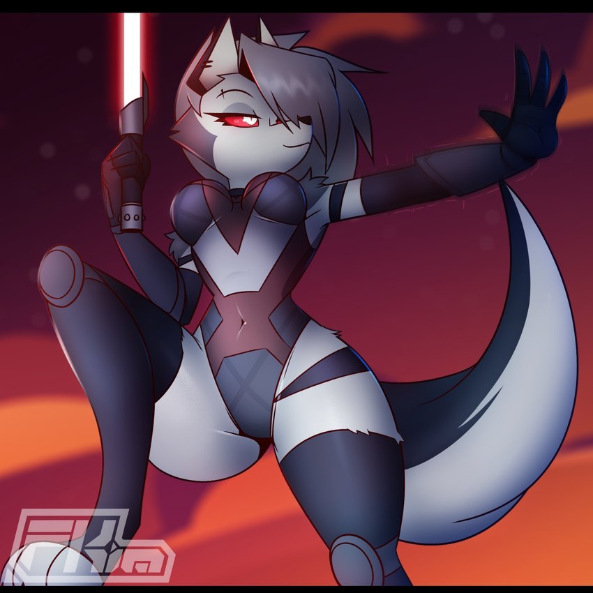 anthro arm_tuft black_bars breasts clothing digitigrade eyelashes female fur gloves grey_body grey_fur hair handwear knee_pads leotard lightsaber melee_weapon navel_outline red_lightsaber red_sclera shoulder_tuft silver_hair sith solo toeless_legwear tuft weapon white_body white_fur fkimnsfw helluva_boss mythology star_wars loona_(helluva_boss) canid canid_demon canine demon hellhound mammal mythological_canine mythological_creature 1:1 2023 hi_res letterbox