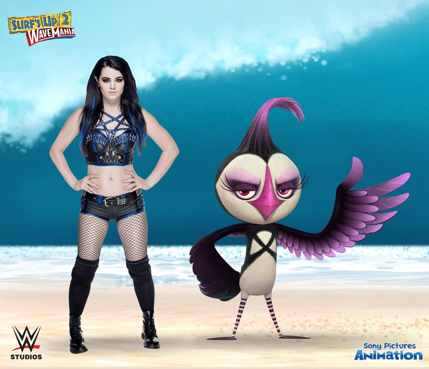 anthro duo female hands_on_hips real sand water wwe_studios surf's_up surf's_up_2:_wavemania wwe paige_(wwe) alcid avian bird human lari mammal puffin 2016 hi_res official_art