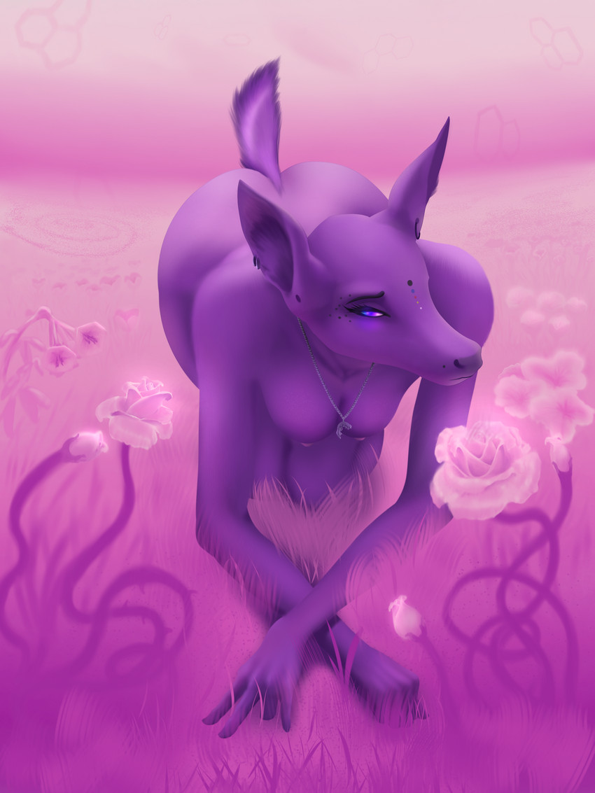 anthro breasts dreamscape ear_piercing eyeliner female flower gesture makeup nipples piercing plant sex_gesture solo suggestive suggestive_gesture huglust deer mammal 3:4 absurd_res hi_res