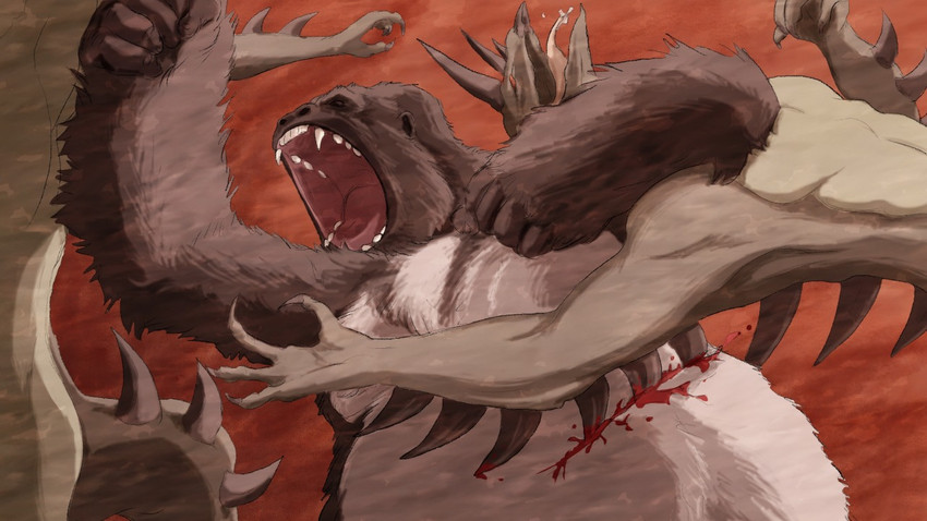 ambiguous_gender attack blood blood_splatter bodily_fluids feral fight fighting_pose gore group open_mouth pose stab strangling blackrazorbill animorphs marco_(animorphs) alien ape gorilla haplorhine hork-bajir mammal primate silverback_gorilla 16:9 2015 widescreen