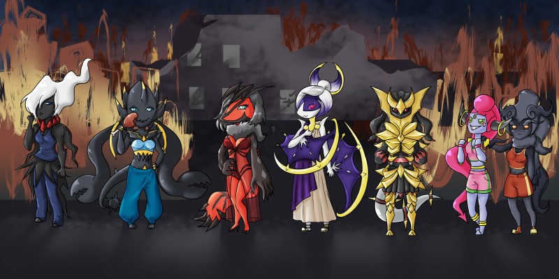 alternate_species anthro anthrofied chibi detailed_background female floating_hands group hair humanoidized pokemorph barbearian nintendo pokemon seven_deadly_sins asmadea_(velociripper) beelza_(velociripper) belle_(velociripper) levvy_(velociripper) lucifi_(velociripper) meimei_(velociripper) saeta_(velociripper) darkrai generation_4_pokemon generation_6_pokemon generation_7_pokemon giratina guzzlord hoopa hoopa_(confined) humanoid legendary_pokemon lunala marshadow origin_forme_giratina pokemon_(species) ultra_beast yveltal absurd_res digital_media_(artwork) full-length_portrait hi_res portrait