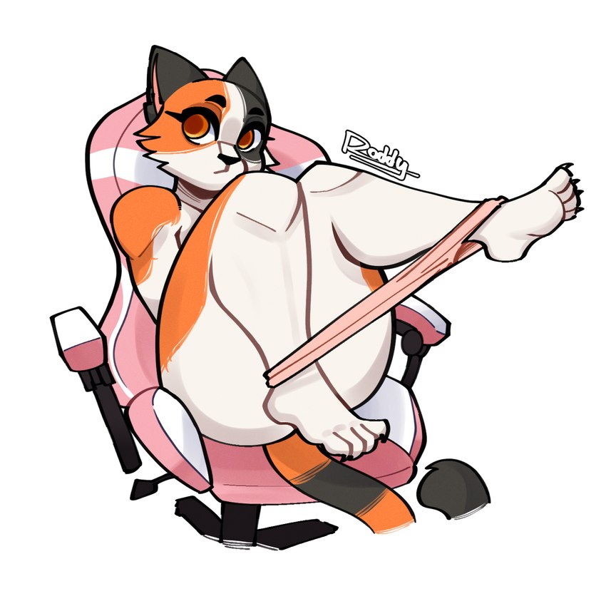 ambiguous_gender anthro black_body black_fur black_nose chair clothing fur furniture gaming_chair on_chair orange_body orange_eyes orange_fur panties pink_chair simple_background sitting sitting_on_chair solo underwear white_background white_body white_fur rodd.y calico_cat domestic_cat felid feline felis mammal 1:1 2024 hi_res