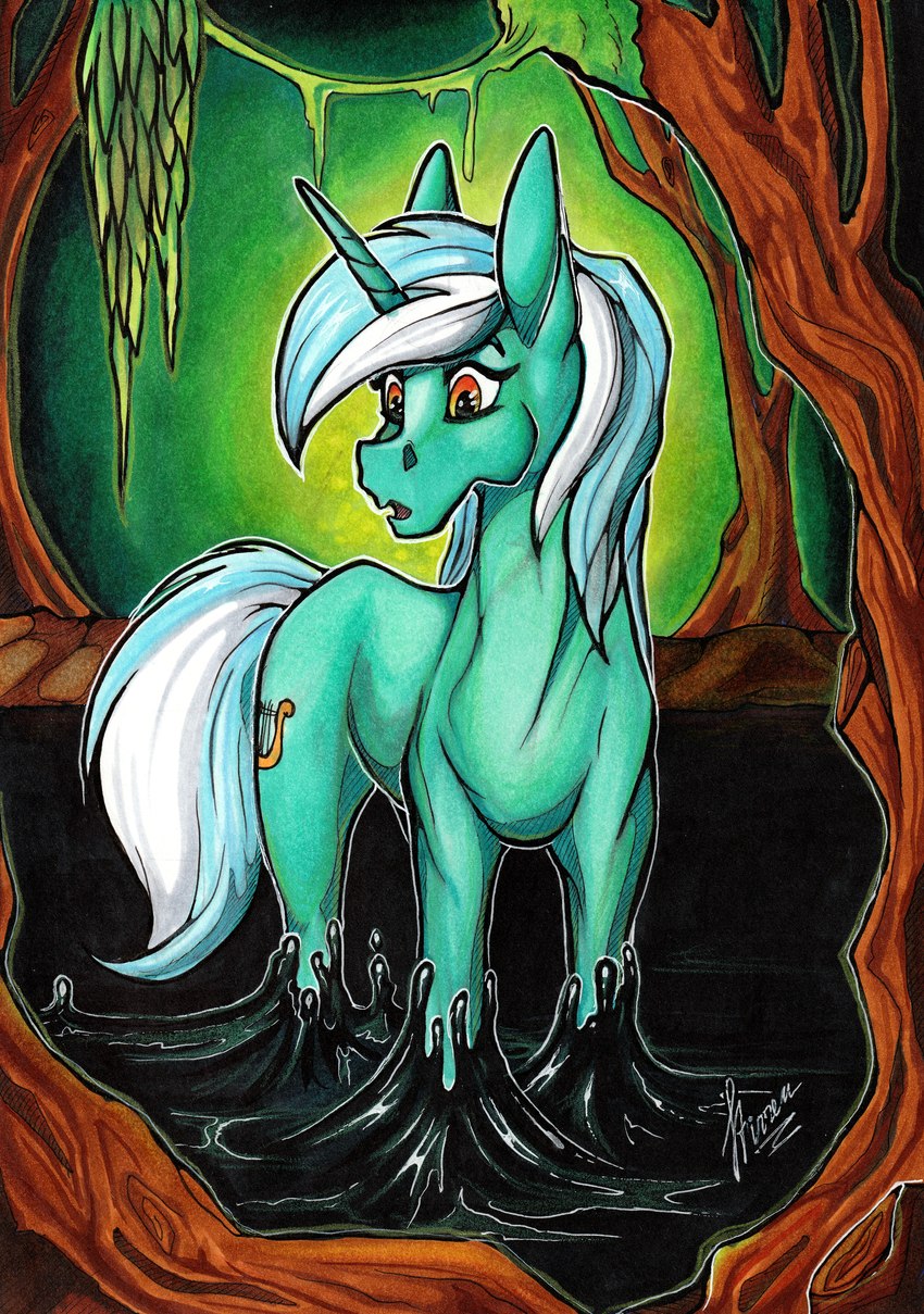 cavern female feral horn plant slime solo stuck tree stirren friendship_is_magic hasbro my_little_pony mythology lyra_heartstrings_(mlp) equid equine mammal mythological_creature mythological_equine unicorn absurd_res hi_res huge_filesize traditional_media_(artwork)