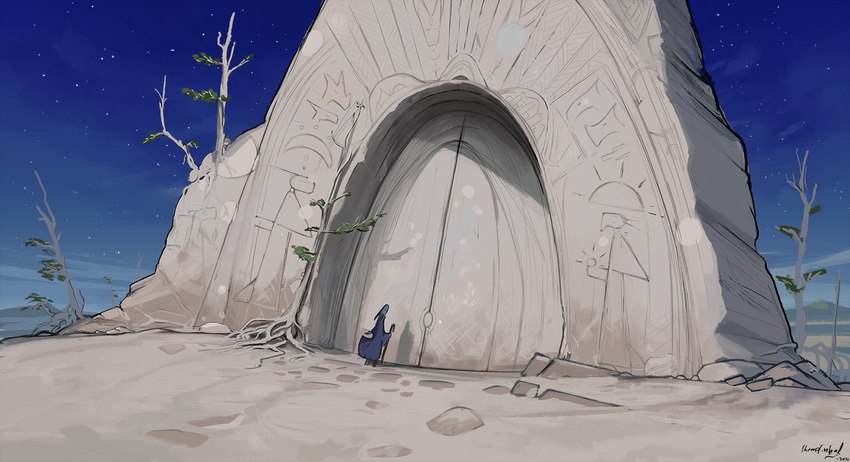 anthro carving clothed clothing crook desert detailed_background gate horn landscape male monument night outside plant robe sand sky solo staff star starry_sky tree themefinland mythology phyn dragon mythological_creature mythological_scalie scalie wingless_dragon 2021 digital_media_(artwork) hi_res