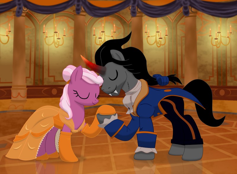 ball_gown ballroom blush crown duo eyes_closed fangs female feral headgear horn kissing male male/female romantic romantic_ambiance smile star surprise teeth evil-dec0y beauty_and_the_beast disney friendship_is_magic hasbro my_little_pony mythology cheerilee_(mlp) king_sombra_(mlp) earth_pony equid equine horse mammal mythological_creature mythological_equine pony unicorn hi_res