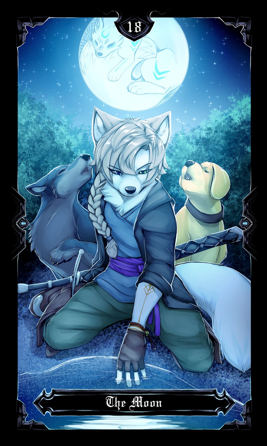 anthro biped braided_hair card card_template claws clothed clothing feral fingers floppy_ears fortune_telling full_moon group hair howl major_arcana melee_weapon moon paws sword tail tarot tarot_card the_moon_(tarot) water weapon bastionshadowpaw lum_the_wolf canid canine canis domestic_dog mammal wolf hi_res