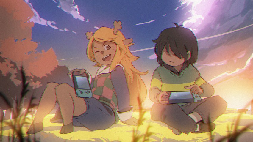 ambiguous_gender anthro antlers barefoot blonde_hair blue_sky brown_hair chromatic_aberration cloud cloven_hooves detailed_background duo feet female gaming gesture hair hand_gesture hidden_eyes hooves horn one_eye_closed outside plant playing_video_game pointing sitting sky smile toes tree uri_(artist) deltarune nintendo nintendo_switch undertale_(series) kris_(deltarune) noelle_holiday deer human mammal new_world_deer reindeer 2021 hi_res