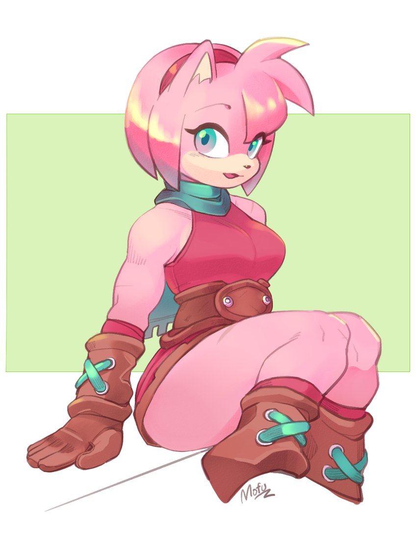 accessory anthro belt clothing dress female fur green_eyes hair_accessory hairband leg_warmers legwear looking_at_viewer pink_body pink_fur sitting smile solo thick_thighs wristband zelen sega sonic_the_hedgehog_(series) amy_rose eulipotyphlan hedgehog mammal colored hi_res