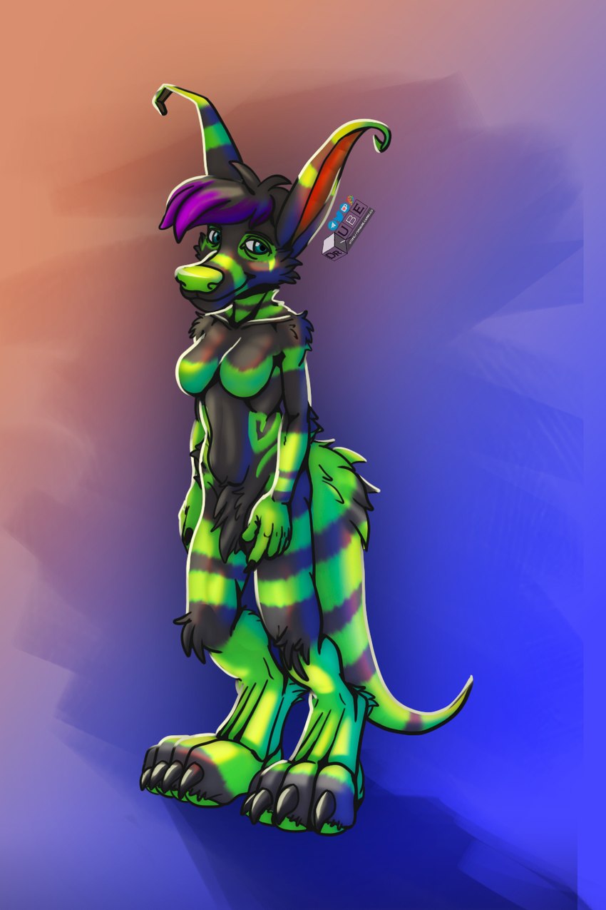 blue_eyes breasts digitigrade female green_markings green_nose green_pawpads hair long_ears markings medium_breasts pawpads purple_hair ring_(marking) ringed_tail simple_background smile standing striped_markings striped_tail stripes tail tail_markings drqube crux 2:3 hi_res