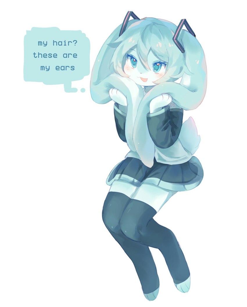 alternate_species anthro clothed clothing female floppy_ears furrification kemono simple_background solo speech_bubble text white_background kzp_no vocaloid hatsune_miku lagomorph leporid mammal rabbit english_text hi_res