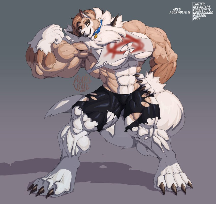 amber_eyes anthro biceps big_breasts breasts claws clothing collar digitigrade female finger_claws flexing fluffy hyper muscular pose quadriceps solo spikes toe_claws torn_clothing agonwolfe nintendo pokemon canid generation_7_pokemon lycanroc mammal midday_lycanroc pokemon_(species)