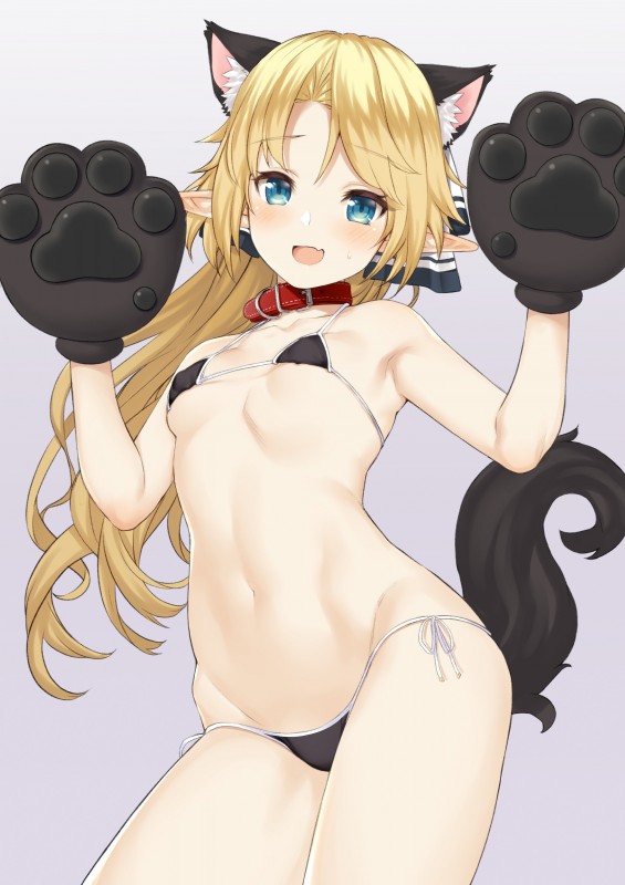 4_ears accessory alternate_species armwear bangs bikini black_bikini black_body black_clothing black_fur black_swimwear blonde_hair blue_eyes blush bodily_fluids breasts cat_paws cat_tail clothed clothing collar colored_edge_bikini contrapposto ear_tuft eyebrow_through_hair eyebrows fake_paws female fur gloves gradient_background hair hair_accessory hair_ribbon halter_top halterneck handwear head_tilt humanoid_pointy_ears humanoidized long_hair looking_at_viewer lowleg lowleg_bikini micro_bikini multi_ear navel open_mouth paw_gloves pointy_and_animal_ears pointy_ears purple_background red_blush ribbons side-tie_bikini side-tie_clothing side-tie_swimwear simple_background small_breasts smile solo standing string_bikini sweat sweatdrop swimwear translucent translucent_hair triangle_bikini tuft two-piece_swimsuit white_body white_fur takunomi enjo_kouhai iris_(takunomi) animal_humanoid cat_humanoid felid felid_humanoid feline feline_humanoid humanoid mammal mammal_humanoid 2017 absurd_res digital_media_(artwork) hi_res portrait three-quarter_portrait