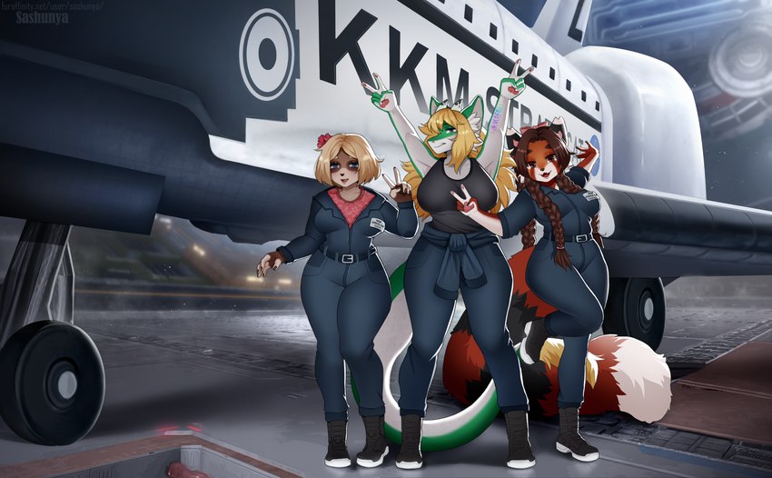 anthro big_breasts breasts clothing coveralls detailed_background female fur group hair looking_at_viewer machine open_mouth space_shuttle spacecraft trio vehicle sashunya nasa sasha_(sashunya) mammal species_request 2022 digital_media_(artwork) hi_res