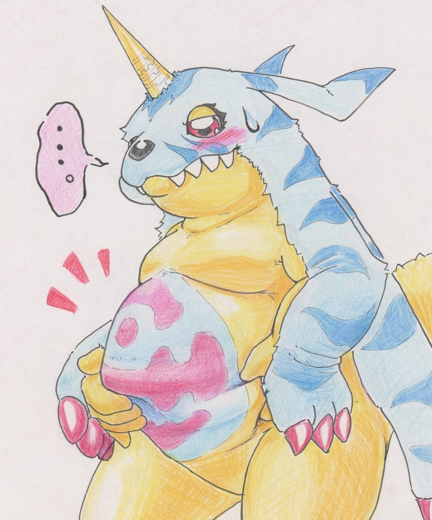 ambiguous_gender animal_skin anthro belly claws ellipsis horn moobs overweight pinching_belly red_eyes simple_background solo white_background yellow_body tabasukotrr bandai_namco digimon digimon_(species) gabumon hi_res traditional_media_(artwork)