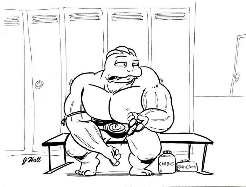 clothed clothing drugs locker locker_room male skimpy solo steroids syringe topless unknown_artist nintendo pokemon generation_1_pokemon humanoid machoke pokemon_(species) black_and_white monochrome