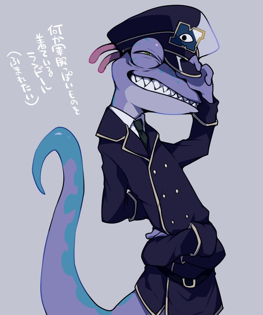 blue_body blue_scales clothing crossed_arms evil_grin hands_behind_back hat headgear headwear looking_at_viewer male military_uniform necktie purple_body purple_scales scales sharp_teeth smile solo suit teeth text uniform ichthy0stega disney monsters_inc pixar randall_boggs chameleon lizard monster reptile scalie 5:6 japanese_text