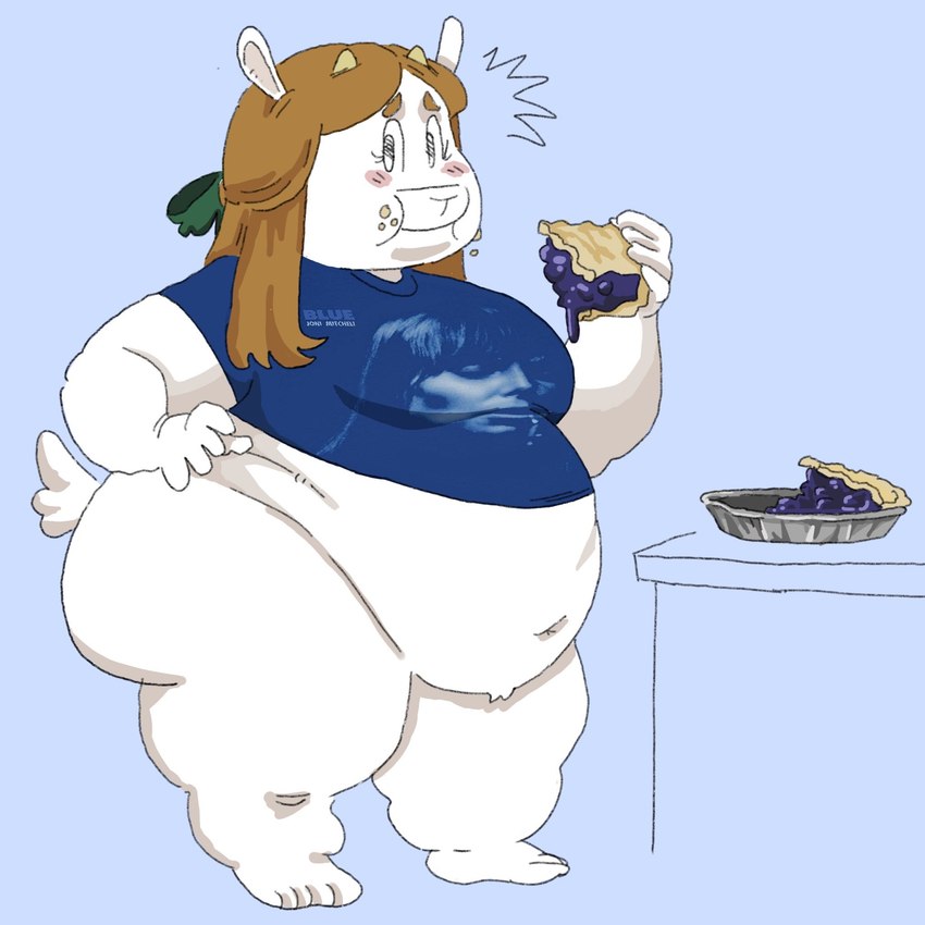 accessory anthro band_shirt belly big_belly blue_background blue_clothing blue_shirt blue_topwear blueberry_(fruit) blueberry_pie blush bottomless brown_hair clothed clothing eating fat_arms fat_legs female food food_on_face fruit hair hair_accessory hair_ribbon horn looking_at_viewer navel obese obese_female overweight overweight_female pastry pie plant ribbons shirt short_stack short_tail simple_background solo tail topwear glubbub cass_(glubbub) joni_mitchell bovid caprine goat mammal 1:1 full-length_portrait hi_res portrait