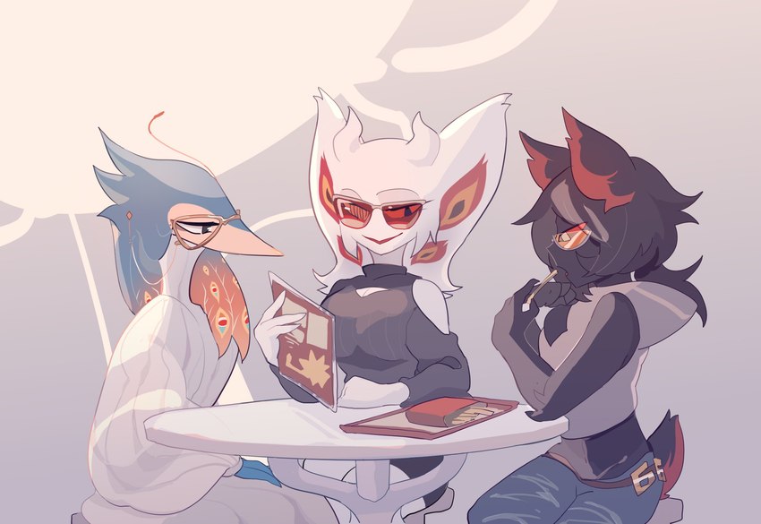 anthro clothing eating eyewear female food fries furniture glasses group magazine sun sunglasses table tray trio half-fish avian demon felid feline humanoid mammal reptile scalie snake hi_res