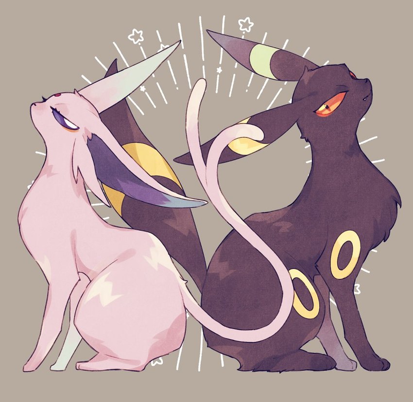 ambiguous_gender black_body black_fur duo fangs feral forehead_gem forked_tail fur gem grey_background looking_at_viewer markings narrowed_eyes paws purple_body purple_eyes purple_fur red_eyes ring_(marking) simple_background sitting star star_symbol tail teeth unusual_anatomy unusual_tail batten12 nintendo pokemon eeveelution espeon generation_2_pokemon pokemon_(species) umbreon 2025 digital_media_(artwork)