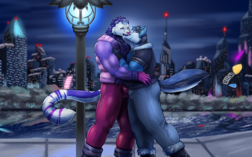 anthro belly big_belly boots bottomwear bulge butt city cityscape claws clothed clothing duo eyes_closed footwear fur fur_boots hair jacket kissing lamp legwear male male/male muscular muscular_anthro muscular_male night outside overweight pants park plant purple_body river shoes slightly_chubby smile tail thick_thighs topwear tree vest water wear howlfeiwolf canid canine canis domestic_dog felid feline felis mammal pantherine prehistoric_species saber-toothed_tiger wolf titan_(disambiguation) digital_media_(artwork) hi_res