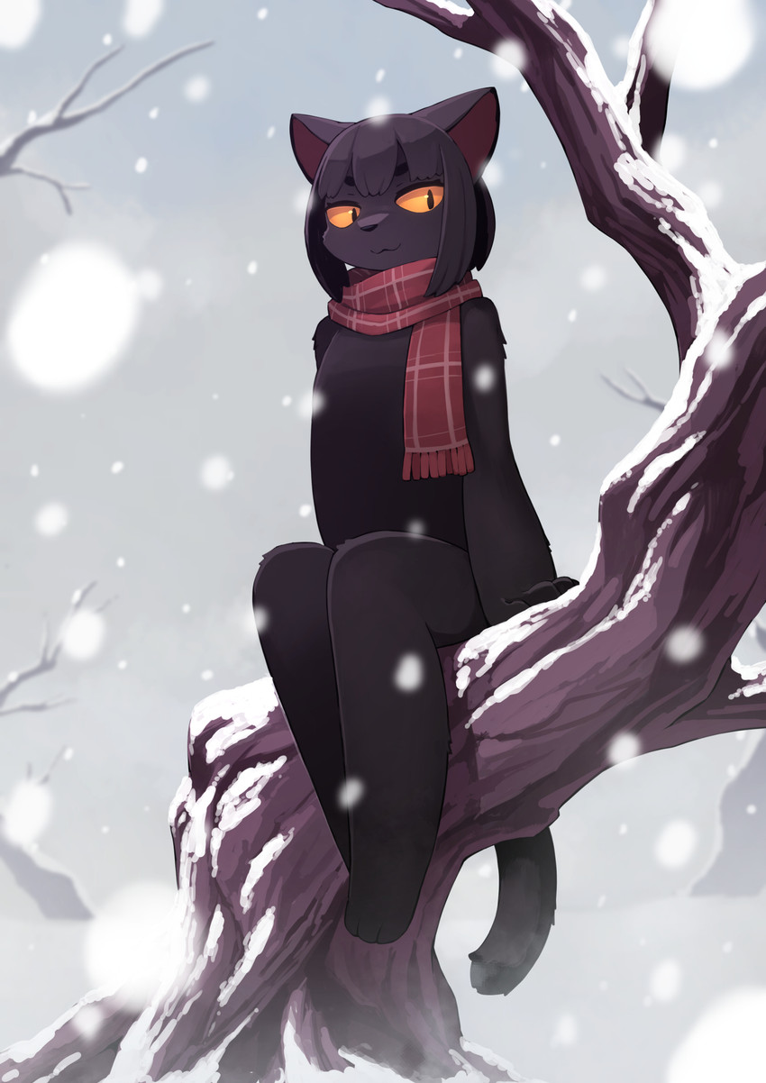 3_toes :3 ambiguous_anthro ambiguous_gender anthro barefoot biped black_body black_ears black_fur black_hair black_inner_ear black_nose black_tail detailed_background feet fingers front_view fur hair kemono looking_at_viewer monotone_body monotone_fur monotone_hair monotone_tail mostly_nude mostly_nude_ambiguous mostly_nude_anthro no_sclera outside plant pupils red_scarf scarf scarf_only sitting slit_pupils smile snow snowing solo tail toes tree winter yellow_eyes kamukamu6392 domestic_cat felid feline felis mammal colored digital_media_(artwork) full-length_portrait hi_res portrait shaded female_(lore)