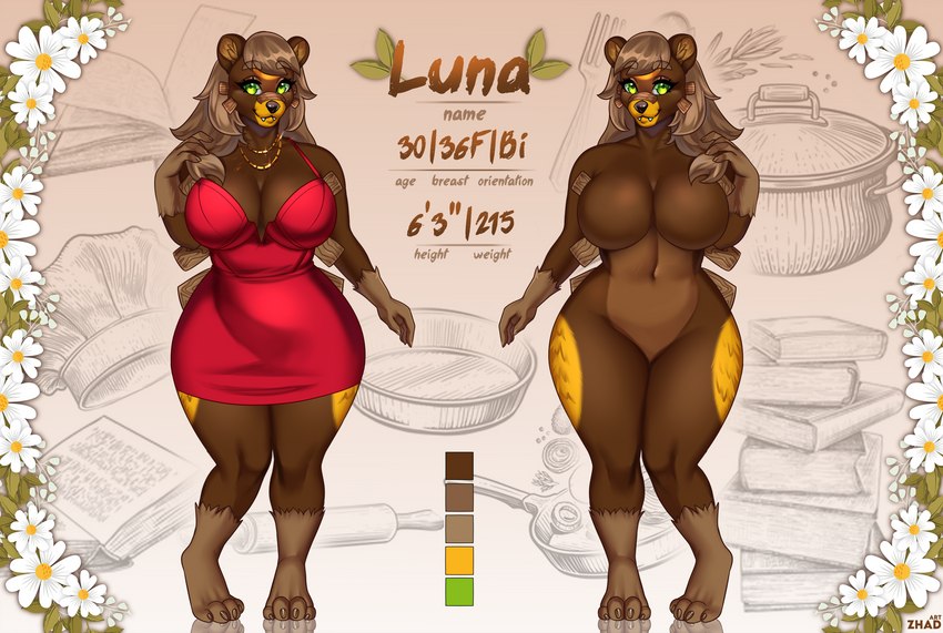 anthro barefoot big_breasts big_butt breasts butt clothed clothing dress featureless_breasts featureless_crotch feet female green_eyes looking_at_viewer mature_female smile smiling_at_viewer solo text wide_hips zhadart nintendo pokemon fan_character bear generation_8_pokemon humanoid mammal pokemon_(species) ursaluna absurd_res english_text hi_res