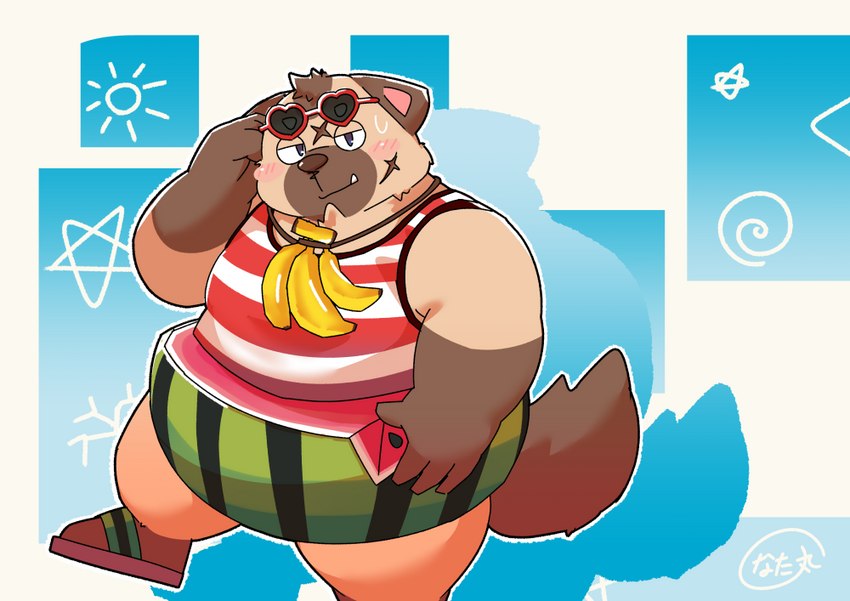 anthro banana belly big_belly blush bodily_fluids brown_body brown_fur clothing eyewear food fruit fur kemono male melon overweight overweight_male plant shirt solo sunglasses sweat topwear watermelon natamaru_a tera_online canid canine canis domestic_dog mammal popori 2016